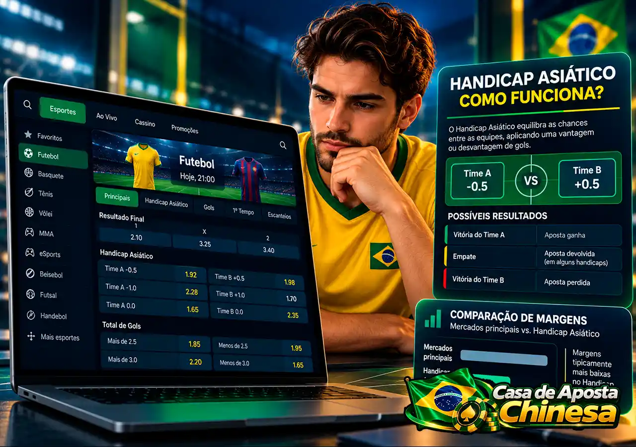 Interface de odds com handicap asiático e indicador neutro de margem da casa.